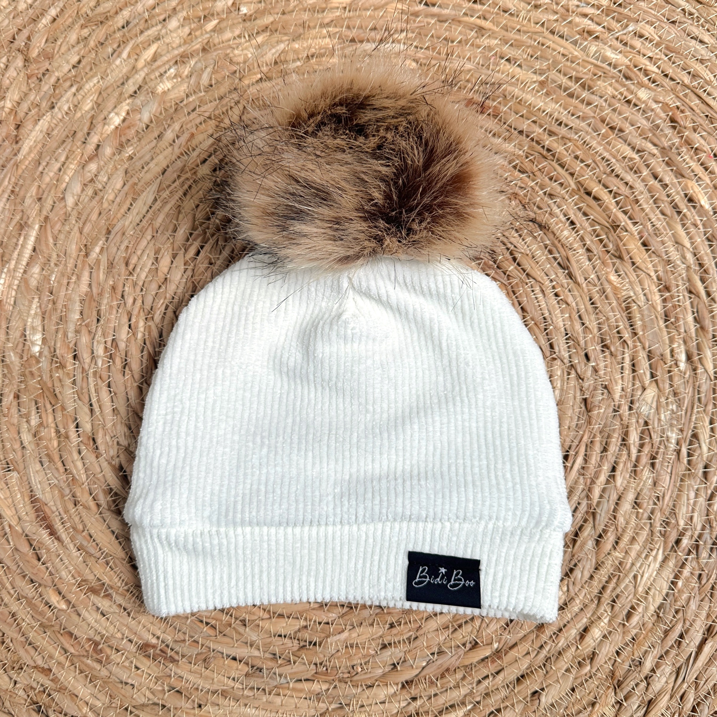 Bonnet pompon rib écru
