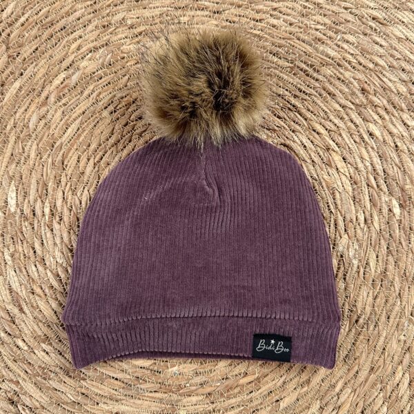 Bonnet pompon rib aubergine