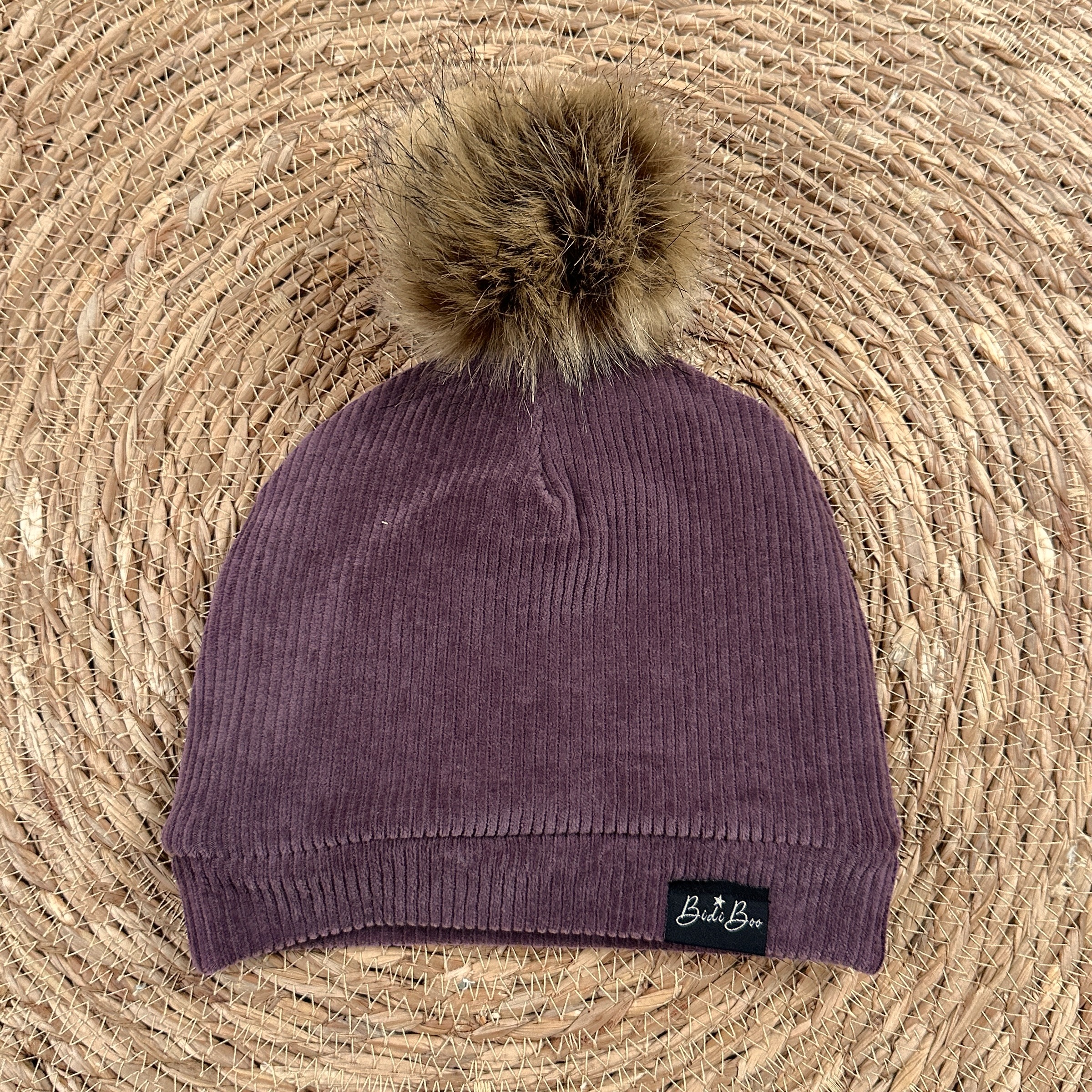 Bonnet pompon rib aubergine