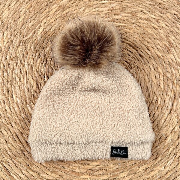 Bonnet pompon bouclette beige