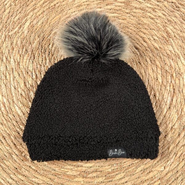 Bonnet pompon bouclette noir 1-3 ans